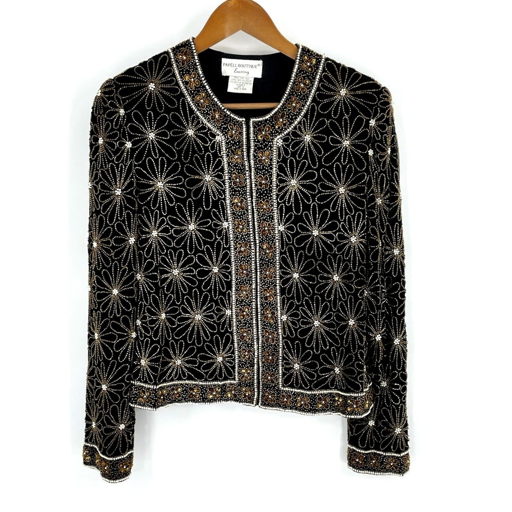 VTG Papell Jacket Size 10 100% Silk Sequin Bead Floral Special Occasion